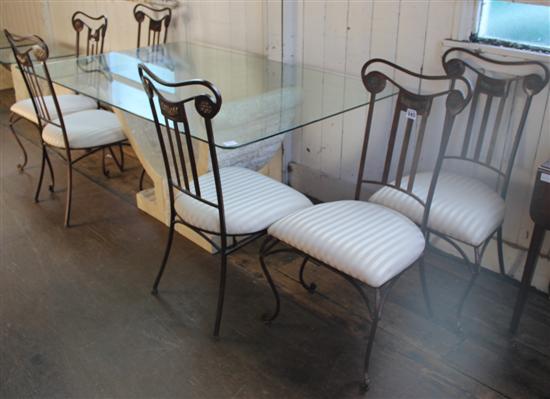 Plate glass rectangular topped table on carved limestone plinth, together with set 6 wrought iron chairs